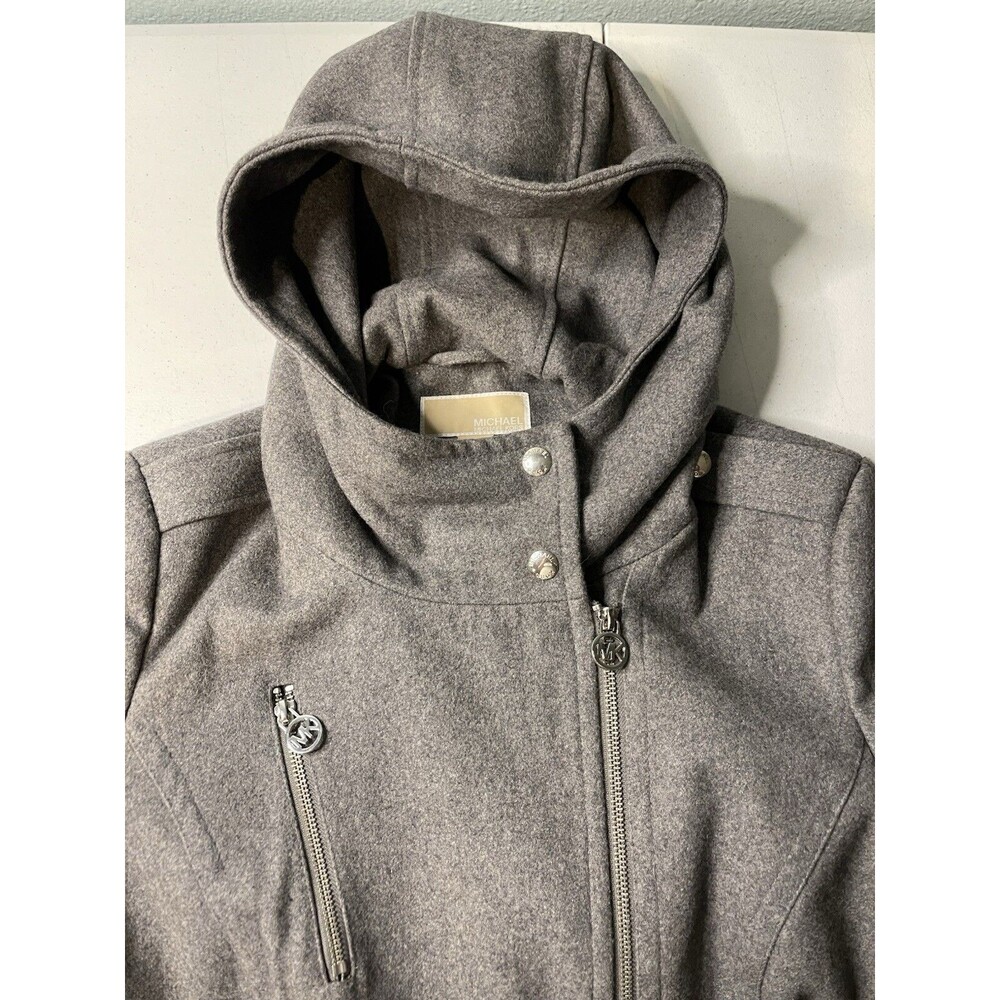 Michael Kors Woman’s Coat Mid Length Wool Hooded Belt Gray Size 12 - Picture 5 of 8